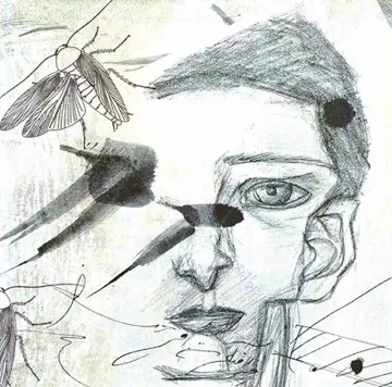 تظهر الصورة رسماً تجريدياً لخد ووجه إنسان بشكل فني، حيث يُبرز الرسام ملامح الوجه بطريقة غير تقليدية. يحيط بالوجه عناصر إضافية مثل ذبابات ورسومات بالألوان الرمادية والسوداء، مما يضفي شعورًا بالغموض والتعقيد. يمكنك أن تشعر بحالة من التوتر أو العزلة في تعبير الوجه، بينما تضيف الحشرات بعدًا آخر للصورة، مما يمكن أن يرمز إلى أفكار متعددة تتعلق بالطبيعة أو الحياة.