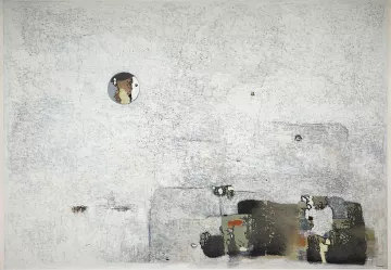 L'image présente une toile aux teintes majoritairement blanches, avec un cercle noir au centre révélant une figure stylisée. En bas, des blocs de couleurs terreuses et sombres contrastent avec le fond clair, créant une atmosphère calme et minimaliste.