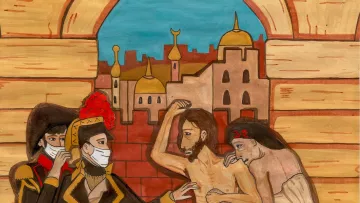 تصویر نشان‌دهنده یک صحنه تاریخی یا داستانی است که در آن چندین شخصیت در یک محیط معماری قدیمی و برجسته قرار دارند. در پس‌زمینه، شهر با گنبدها و بناهای خاص دیده می‌شود. در جلو، چند نفر در حال تعامل هستند؛ یکی از شخصیت‌ها به‌نظر می‌رسد در لباس نظامی است و به دیگران اشاره می‌کند. دیگر شخصیت‌ها در حال نمایش احساسات مختلف هستند و به نظر می‌رسد که در یک موقعیت بحرانی قرار دارند. رنگ‌ها و جزئیات نقاشی به صحنه عمق و زندگی می‌بخشد.