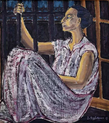 L'image représente une femme assise sur le sol, les jambes repliées. Elle semble contemplative, regardant à travers des barreaux, ce qui suggère un sentiment d'emprisonnement ou de solitude. Elle porte une robe à motifs. Les couleurs utilisées sont sombres et terreuses, créant une atmosphère introspective. Le style de la peinture est expressif, mettant en avant les émotions de la personne représentée.