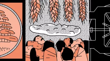 L'image présente une composition graphique avec différents éléments. Sur le côté gauche, il y a une illustration circulaire, probablement représentant un symbole ou un motif culturel. Au centre, un groupe de personnages, dont les visages sont orientés vers le haut, semble regarder quelque chose au-dessus d'eux. En arrière-plan, des formes ovales ou nuageuses s'étendent, créant une atmosphère mystérieuse. Sur la droite, un schéma technique ou architectural est visible, suggérant une structure ou un mécanisme. L'ensemble utilise une palette de couleurs à dominante de rose et de noir, donnant une ambiance contemporaine à l'œuvre.