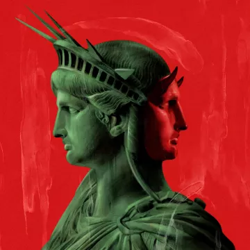 The image features a stylized representation of the Statue of Liberty, depicted in green against a bold red background. It appears to show two profiles of the statue side by side, highlighting its iconic features like the crown and facial details. The overall composition has an artistic and surreal quality, blending elements of color and form to create a striking visual effect.