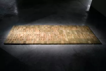 L'image montre une installation au sol formée de blocs rectangulaires disposés de manière à former un texte. Le texte est en relief et semble évoquer des thèmes liés aux droits de l'homme, notamment le droit à la liberté et à l'asile. L'éclairage met en valeur les mots, créant une ambiance à la fois réfléchie et sérieuse. Le sol sur lequel se trouvent les blocs est en béton, et l'environnement semble être une galerie d'art ou un espace d'exposition.