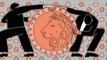 L'image représente deux silhouettes humaines en train de tirer sur un grand bouclier orné d'une tête de lion. Le fond est composé de motifs en points, alternant entre des couleurs neutres et des tons plus vifs. Les personnages semblent engagés dans un effort pour déplacer ou stabiliser le bouclier, ce qui pourrait symboliser une lutte ou une collaboration autour d'une valeur importante représentée par le lion.