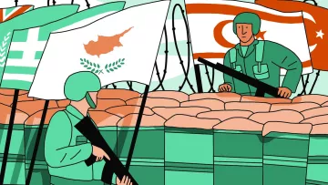 L'image représente une scène de tension militaire, où deux soldats portent des uniformes verts et se tiennent près d'une barricade de sacs de sable. En arrière-plan, on peut voir plusieurs drapeaux : celui de Chypre, ainsi que les drapeaux turc et nord-chypriote. Le décor évoque un contexte de conflit ou de séparation, symbolisé par la présence de barbelés. Les soldats semblent observer l'environnement, ce qui ajoute une dimension de vigilance et de confrontation à la scène.
