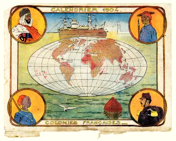 L'image représente un calendrier de l'année 1904, centré sur le thème des colonies françaises. Au centre, une carte du monde stylisée est présentée avec une vue des continents entourés par l'océan. Quatre portraits ornent les coins, représentant des personnes portant des vêtements typiques de différentes régions coloniales. En arrière-plan, un navire à vapeur est visible, symbolisant le commerce et la colonisation. Le tout est décoré avec des couleurs vives, ajoutant une touche artistique à ce calendrier historique.