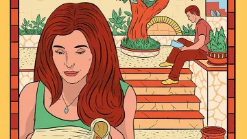 L'image représente un paysage serein et coloré, avec une femme au premier plan qui lit un livre, son visage concentré. En arrière-plan, un arbre majestueux, où deux enfants jouent, l'un grimpant dans les branches. Un homme est assis sur des marches, également en train de lire. Le décor évoque une ambiance paisible et ensoleillée, avec des éléments de végétation et des détails architecturaux qui ajoutent du charme à la scène. Les couleurs vibrantes et les lignes nettes créent une atmosphère chaleureuse et accueillante.