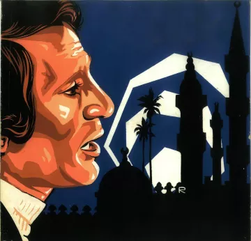 L'image présente un portrait stylisé d'un homme, de profil. Son visage est rehaussé de teintes orange et brunes, contrastant avec un fond bleu foncé. En arrière-plan, on aperçoit des silhouettes de structures architecturales, notamment des minarets et des palmiers, évoquant une ambiance orientale. Les formes géométriques blanches ajoutent une dimension graphique à la composition. L'ensemble dégage une atmosphère artistique et symbolique.