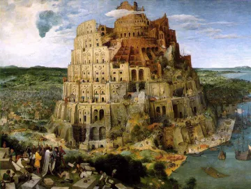 L'image représente la célèbre peinture de Pieter Bruegel l'Ancien intitulée "La Tour de Babel". On y voit une immense construction en spirale, symbolisant une tour inachevée qui atteint le ciel. La tour est dotée de nombreux niveaux avec des arcs et des fenêtres, et elle est entourée de paysages divers, y compris des villes et des corps d'eau. Plusieurs personnages sont visibles au premier plan, parmi lesquels des ouvriers qui semblent travailler à la construction de la tour. L'atmosphère est à la fois majestueuse et tragique, évoquant la chute de l'ambition humaine. Les cieux sont partiellement nuageux, ajoutant une dimension dramatisée à la scène.