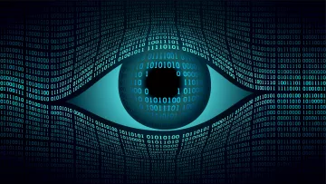 The image features a large, stylized eye at the center, which is depicted with a dark circle for the pupil. Surrounding the eye is a swirling pattern of binary code, composed of zeros and ones, creating a digital or technological theme. The overall color scheme includes shades of blue, giving it a futuristic and tech-inspired appearance. The binary code adds to the concept of data, surveillance, or digital awareness.