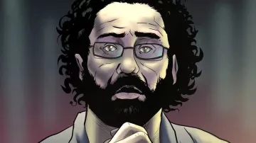 L'immagine rappresenta un uomo con capelli ricci e neri, una barba folta e occhiali. Il suo volto mostra un'espressione di preoccupazione o tensione, con le mani giunte davanti al petto in un gesto di supplica o meditazione. Lo sfondo è sfocato, con luci che creano un'atmosfera drammatica. L'illustrazione ha uno stile che ricorda quello dei fumetti.
