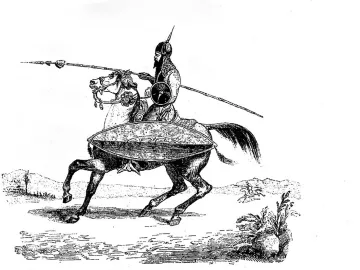 L'image représente un cavalier en armure, montant un cheval. Il est équipé d'une lance et d'un bouclier, et porte un casque avec une plume. Le cavalier semble en mouvement, probablement en train de charger ou de se préparer pour un affrontement. Le décor en arrière-plan est simple, avec quelques éléments de paysage comme des collines et des plantes. L'illustration a un style classique, évoquant peut-être une époque médiévale ou un récit historique.