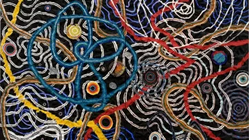 L'image représente un motif complexe et coloré, avec des lignes entrelacées qui dessinent des formes organiques. On y voit des spirales et des cercles de différentes couleurs sur un fond sombre. Les couleurs utilisées, comme le bleu, le jaune et le rouge, contraste avec le noir, créant une impression dynamique et énergique. L'ensemble ressemble à un réseau de connexions, évoquant peut-être des idées de croissance ou d'interconnexion.