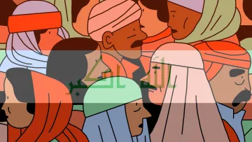 La imagen muestra un grupo de personas con diferentes tipos de vestimenta, principalmente turbantes y pañuelos en la cabeza. Los rostros están representados en un estilo gráfico y colorido, con tonos cálidos que predominan. Hay una mezcla de géneros y cada figura tiene expresiones diversas. Al fondo, se puede observar un texto en árabe que podría significar "Dios" o estar relacionado con un mensaje religioso o cultural. La composición sugiere una reunión o un evento donde están juntas diversas personas.
