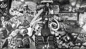 L'immagine rappresenta un'opera d'arte monocromatica che riempie il campo visivo con una composizione complessa e caotica. Al centro, spicca un cavallo in primo piano, circondato da una varietà di oggetti e figure che evocano un senso di disordine e conflitto. Dettagli come rifiuti, edifici distrutti e simboli di vita quotidiana si intrecciano, creando un paesaggio visivo denso e d'impatto. La scelta dei colori in bianco e nero conferisce un'atmosfera drammatica e malinconica, sottolineando i temi di crisi e precarietà presenti nella scena. Elementi figurativi e astratti si mescolano, invitando lo spettatore a riflettere sul significato profondo dell'opera.