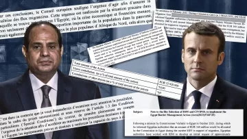 L'image semble comporter des éléments graphiques liés à des discussions ou des accords entre deux dirigeants, probablement ceux d'Égypte et de France. On peut y voir des extraits de documents ou de rapports, des montants financiers mentionnés, ainsi que des références à des enjeux de gestion aux frontières en Égypte. Les textes semblent indiquer un dialogue autour de la coopération entre les deux pays, en mettant l'accent sur des préoccupations économiques et migratoires. Les visages des deux dirigeants sont probablement présentés, symbolisant leur rôle dans ces négociations.
