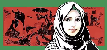L'image présente une femme portant un hijab, qui est mise en avant sur un fond de couleur verte. Derrière elle, un arrière-plan rouge est illustré avec des motifs abstraits et des figures, évoquant peut-être des thèmes culturels ou historiques. Le visage de la femme est représenté de manière stylisée et expressive, ce qui attire l'attention et crée un contraste frappant avec les éléments qui l'entourent. L'ensemble de l'image semble évoquer des réflexions sur l'identité et la culture.
