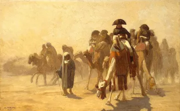 Cette image représente une scène de désert avec plusieurs personnages sur des chameaux. Au centre, un homme portant un uniforme militaire, probablement inspiré par Napoléon, est assis sur un chameau. Il semble observateur et pensif, tandis que d'autres figures montent également des chameaux. En bas à gauche, une personne en habits traditionnels se tient debout, semblant encadrer la troupe. L'atmosphère est poussiéreuse et chaude, évoquant l'ardeur du désert avec des tons de beige et de marron. La composition dégage une sensation de voyage et d'aventure.