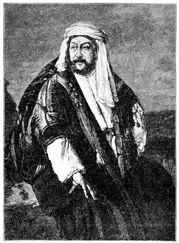 L'image représente un homme assis, habillé dans un costume traditionnel richement orné. Il porte une coiffe typique et un manteau décoré, avec des détails qui soulignent son statut. Son expression est sérieuse et réfléchie, et il est entouré d'un paysage à l'arrière-plan, suggérant un contexte culturel ou historique. Les ombres et les lumières dans le dessin ajoutent une profondeur au portrait.