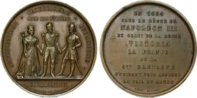 Crimean War medal, Paris, 1854, showing Napoleon III flanked by Queen Victoria and Ottoman Sultan Abdülmecid 1st (engraved by Armand Auguste Caqué - 1792–1881)