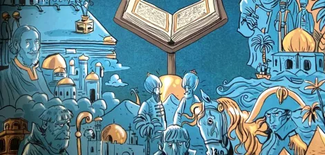 Illustration colorée avec un livre ouvert, entouré de personnages et de paysages historiques.