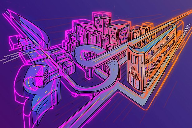L'image présente un design graphique stylisé et coloré, avec des nuances de rose, bleu et orange. On y voit une représentation abstraite d'une ville, avec des bâtiments aux formes géométriques et un chemin qui serpente à travers le paysage urbain. Les lignes sont dynamiques et donnent une impression de mouvement, tandis que les couleurs vives ajoutent une touche futuriste et vibrante à l'ensemble. Le fond est dégradé, accentuant l'effet moderne de la composition.