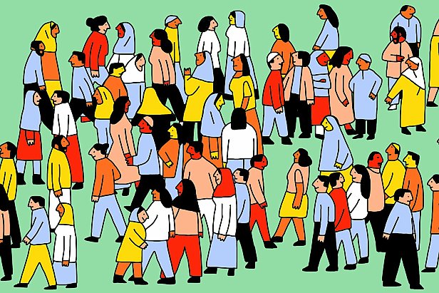 L'image représente un grand groupe de personnes de différentes tailles, formes et vêtements, évoluant dans un environnement coloré. Elles se déplacent dans diverses directions sur un fond vert. Les personnages sont dessinés dans un style graphique simple et accrocheur, avec des couleurs vives. Certaines personnes portent des vêtements traditionnels, tandis que d'autres affichent un style plus moderne. Cette scène évoque une atmosphère dynamique et animée, illustrant la diversité et l'interaction sociale.